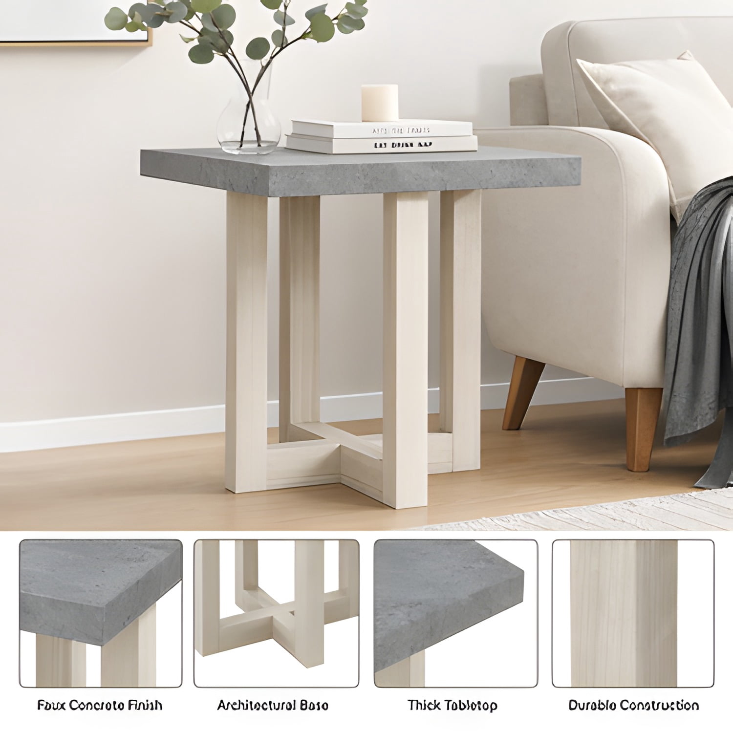 End Table, Faux Concrete White