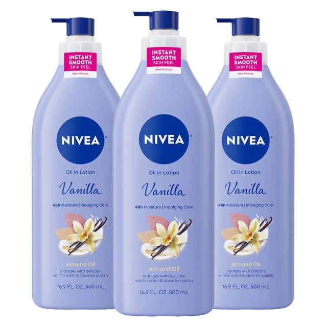 NIVEA Vanilla and Almond Oil Infused Body Lotion - Fast Absorbing 24 Hour Moisture for Dry Skin - 16.9 Oz. (Pack of 3)