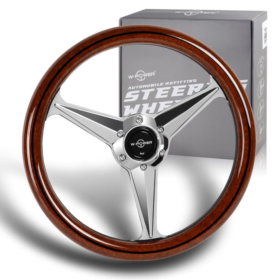 W-Power 14" Classic Dark Wood Mahogany Grip Chrome 3-Spoke 350MM Steering Wheel