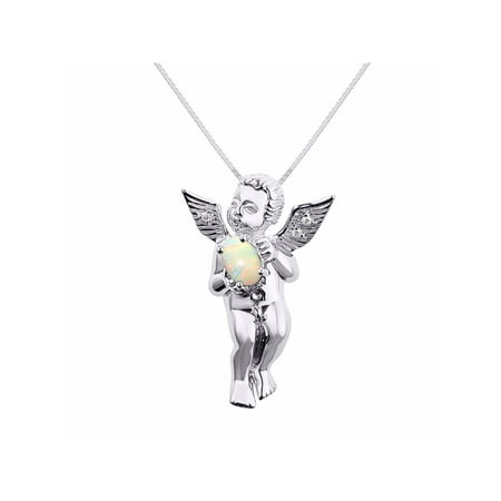 Lucky Opal Necklace - Diamond & Opal Lucky Guardian Angel Cherub Pendant Necklace Set In Set in 14K White Gold With 18