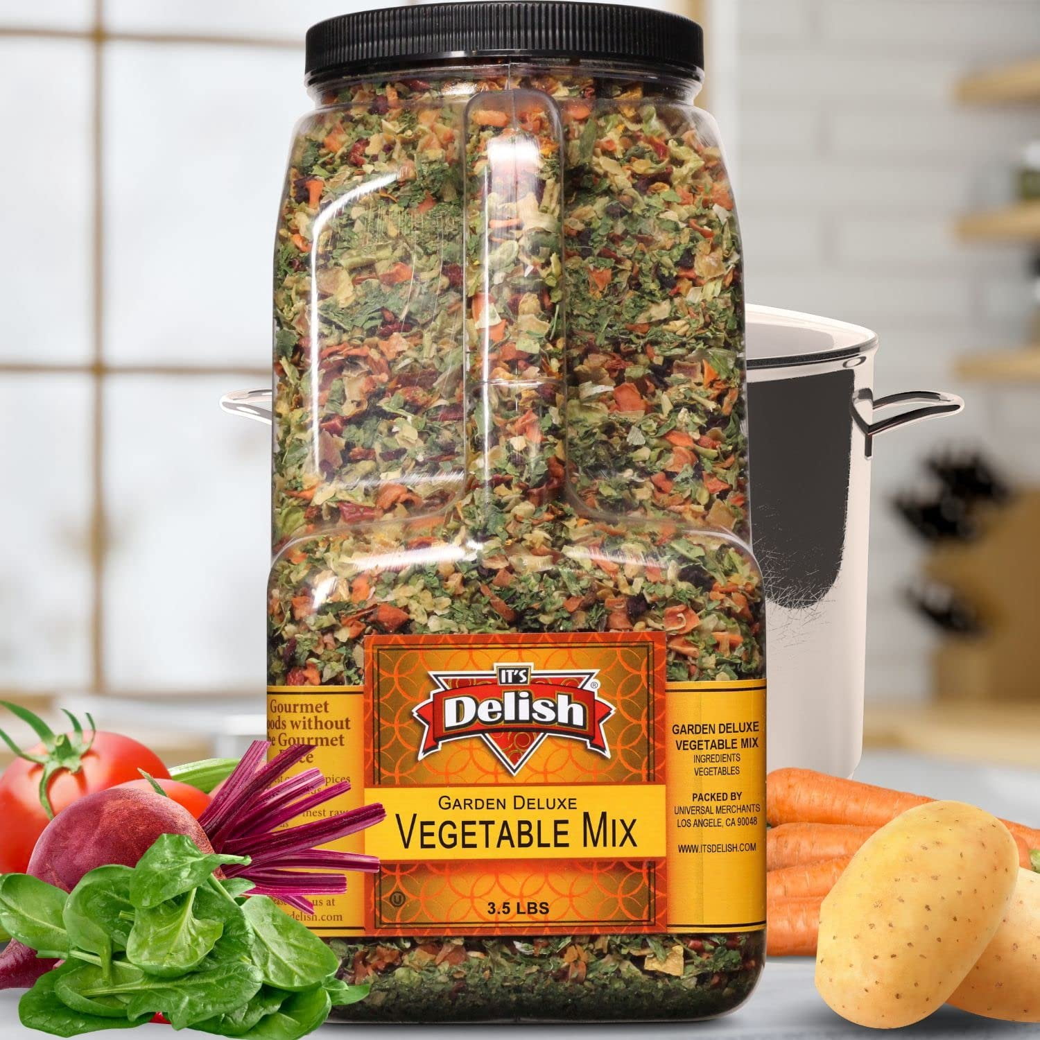 Garden Deluxe Vegetable Soup Mix by Its Delish, 3.5 LB Gallon Size Jug  16 Natural Dehydrated Vegetables for Ramen Noodles, Soup Greens with Beets  Freeze Dried Veggie Blend  No MSG, Vegan, Kosher