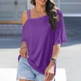 thumbnail image 2 of Women's T Shirts Off Shoulder Summer Solid Color Short Sleeve Casual Tees B-Purple, 2 of 7