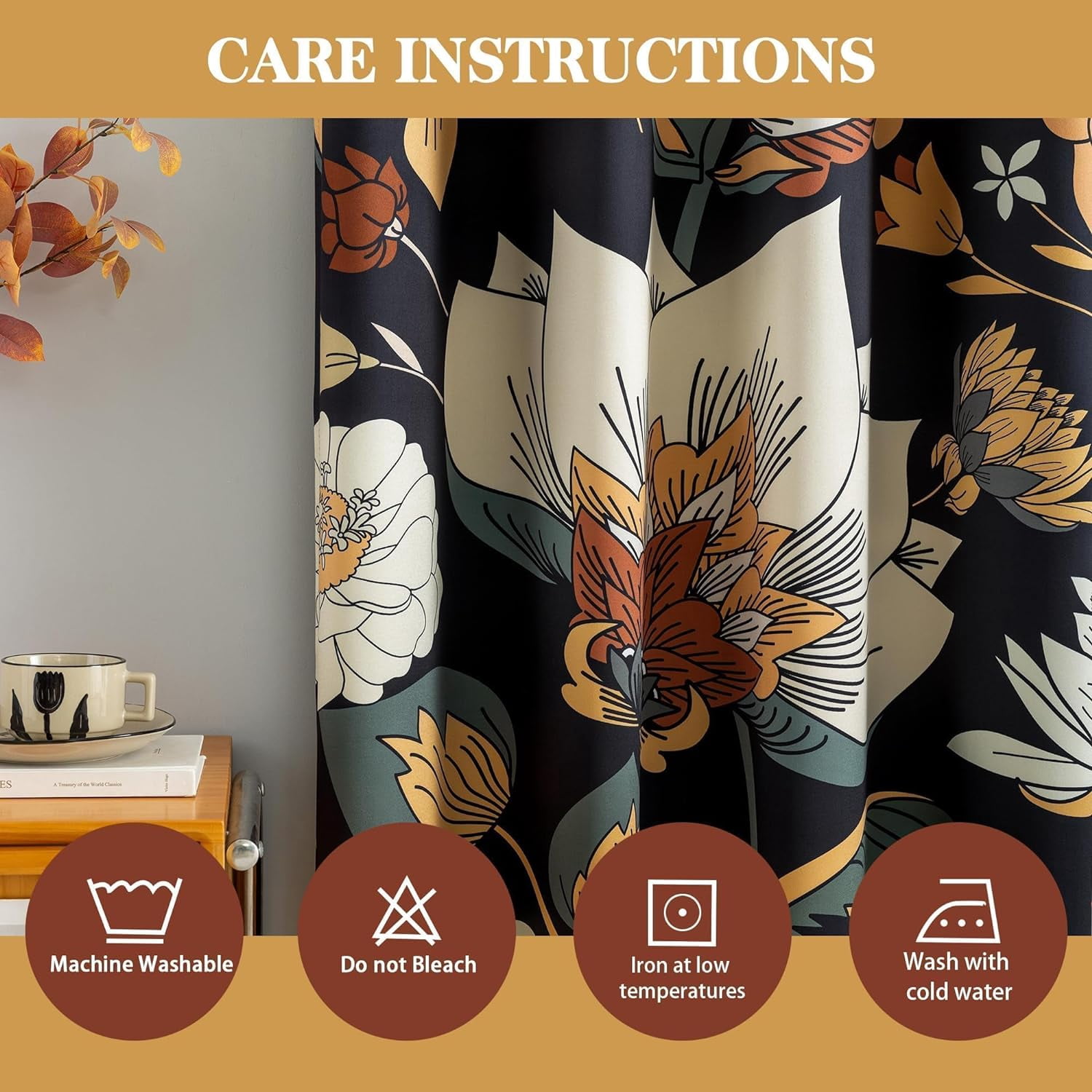 Tyrot 2 Panels Black Boho Floral 100% Blackout Curtains for Bedroom Grommet Curtains, 52" x 84"