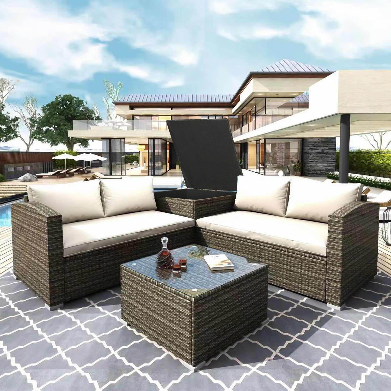 Outdoor Patio Furniture Set, Rattan Chairs & Seating Sets for Backyard, 4-Piece Wicker Conversation Set w/L-Seats Sofa, R-Seats Sofa, Cushion box, Tempered Glass Dining Table, Padded Cushions, S13116 - image 1 of 8