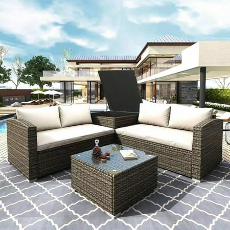 Wicker Patio Furniture Set 4 Piece Outdoor Conversation Set with Ottoman Loveseat Sofa Glass Coffee Table All-Weather PE Rattan Wicker Sectional Sofa Set for Backyard Porch Garden