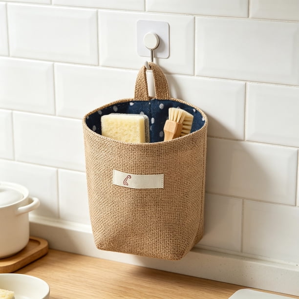 Cesta de Almacenamiento Colgante de Lino – Bolsa Organizadora Lavable para Montaje En Pared, Ideal para La Organización de La Cocina, El Baño y El Hogar, con Diseño de Doble Capa.
