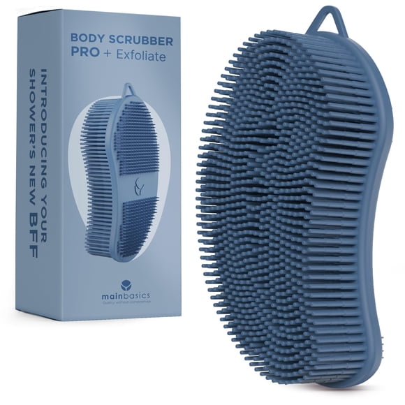 MainBasics Exfoliating Silicone Body Scrubber Pro 2 en 1 exfoliante de ducha para cuerpo de silicona y exfoliante corporal (cuerpo azul oscuro + exfoliante)