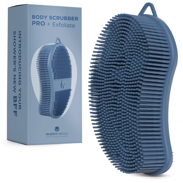 MainBasics Exfoliating Silicone Body Scrubber Pro 2 en 1 exfoliante de ducha para cuerpo de silicona y exfoliante corporal (cuerpo azul oscuro + exfoliante)