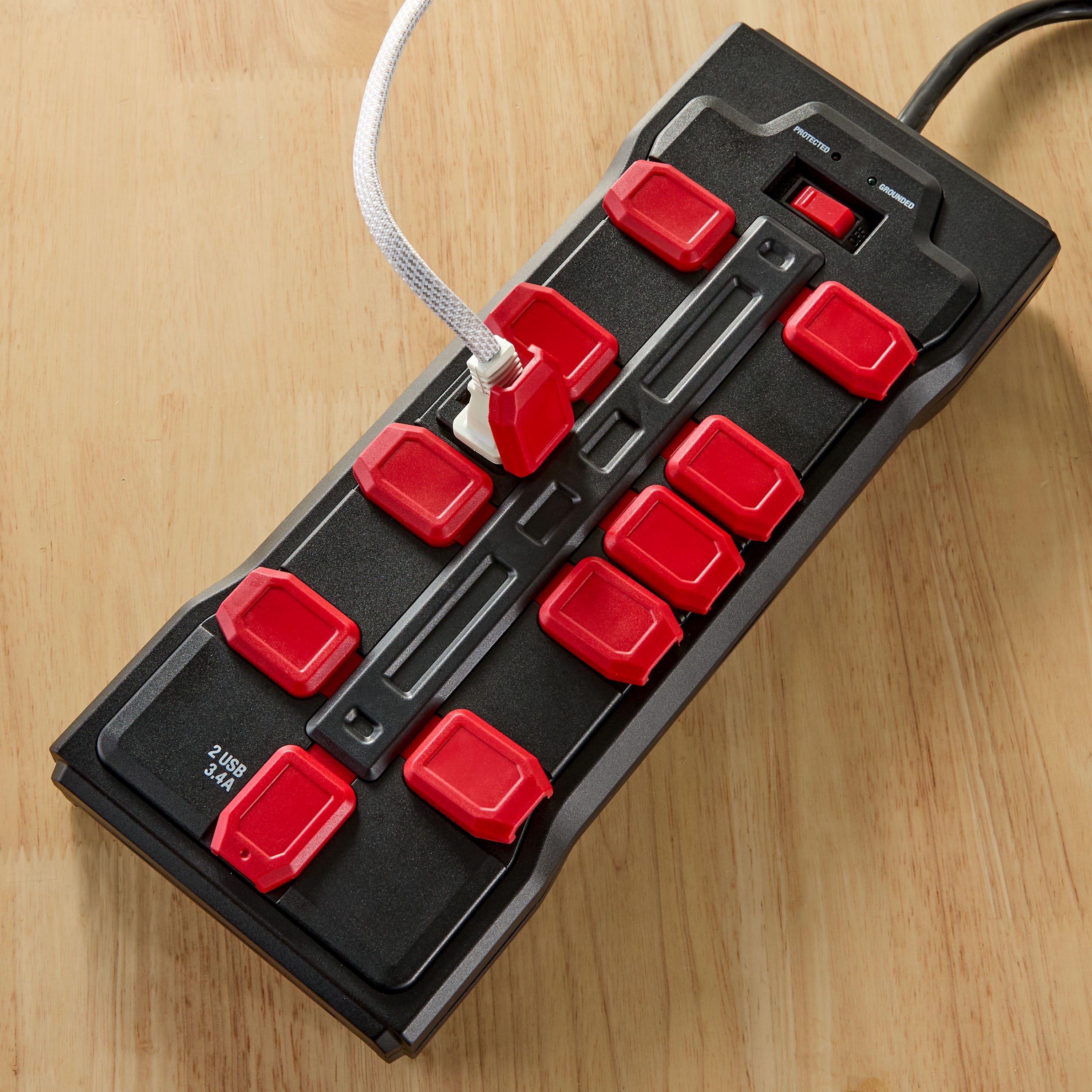 Hyper Tough Surge Protector Power Strip with Usb, 10 Safety Outlets, 10ft Extension Cord, Black/Red