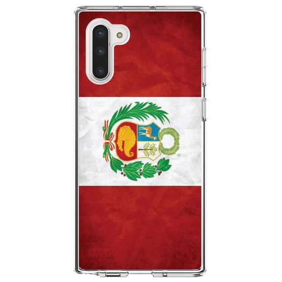 DistinctInk Clear Shockproof Hybrid Case for Samsung Galaxy Note 10 (6.3" Screen) - TPU Bumper, Acrylic Back, Tempered Glass Screen Protector - Peru Old Flag - Peru