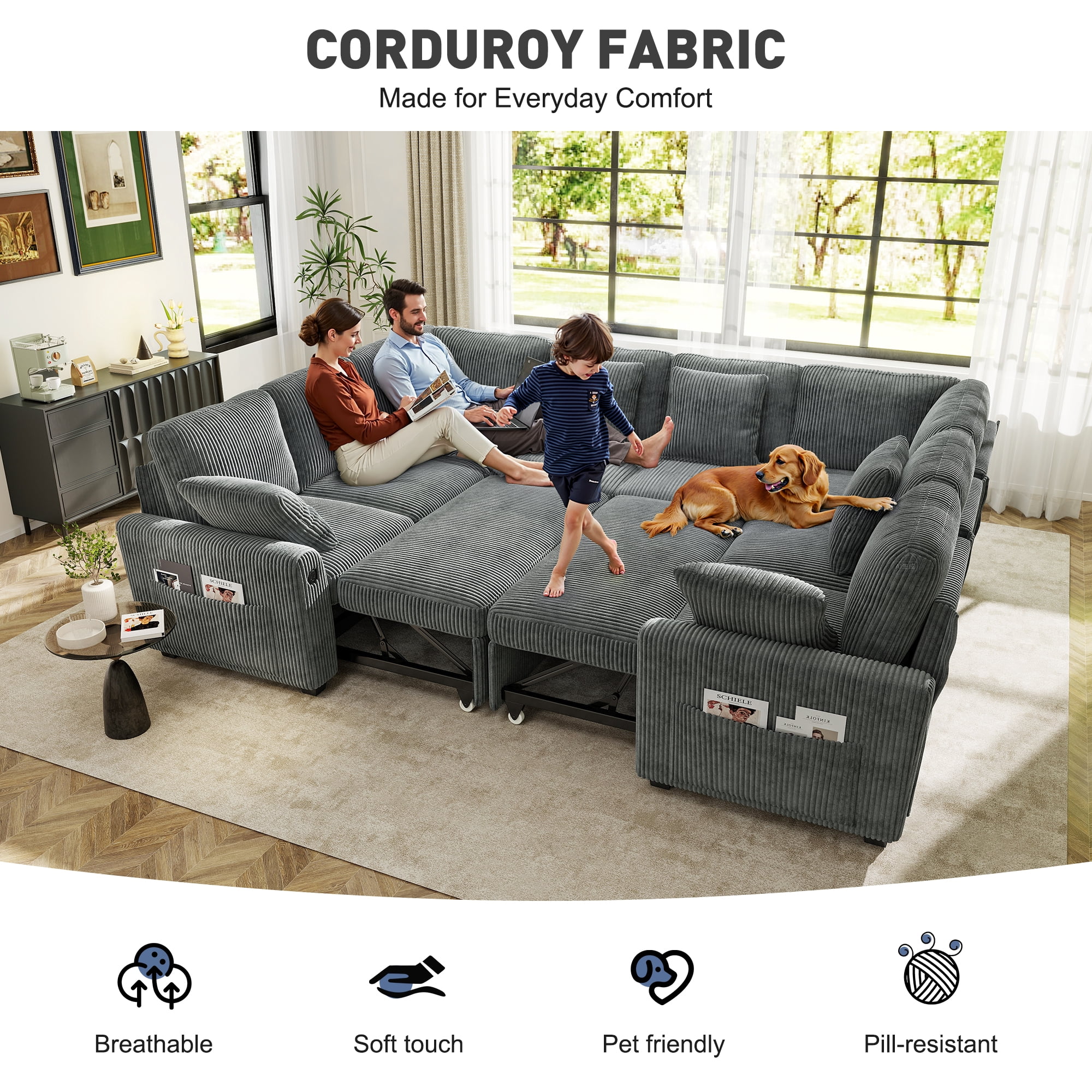 BedLuxury 110" Sectional Sleeper Sofa with Pull Out Bed, Storage Seat & USB Charging, U Shaped Modern Couch for Living Room, Corduroy Gray