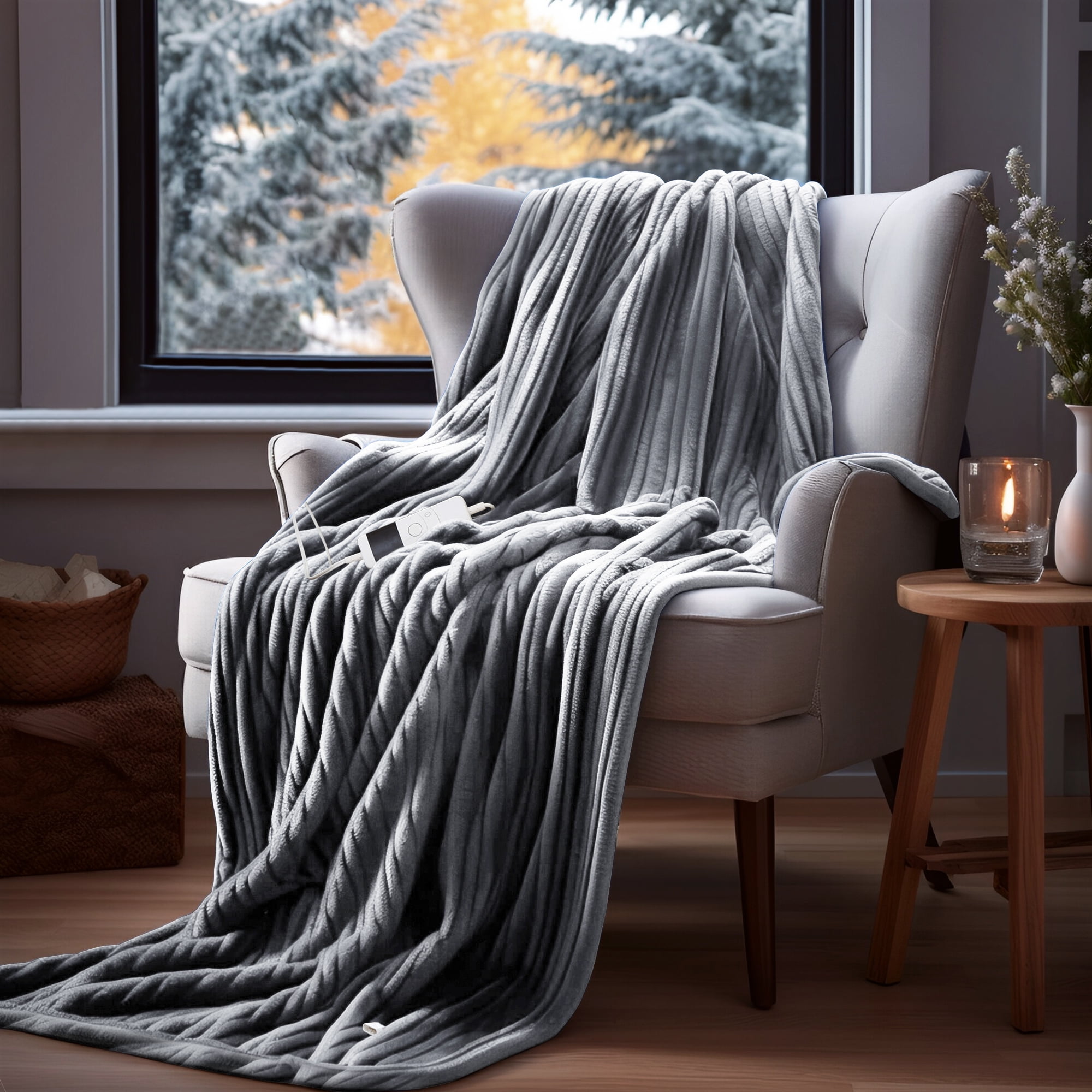 50"x60" Heated Electric Blanket Fast Heating Lap Flannel Blanket, 1/2/4/6/8 Hours Auto-off 10 Heat Level Winter Throw Blankets, Over-heat Protection Flannel Heater Throws, Machine Washable, Gray