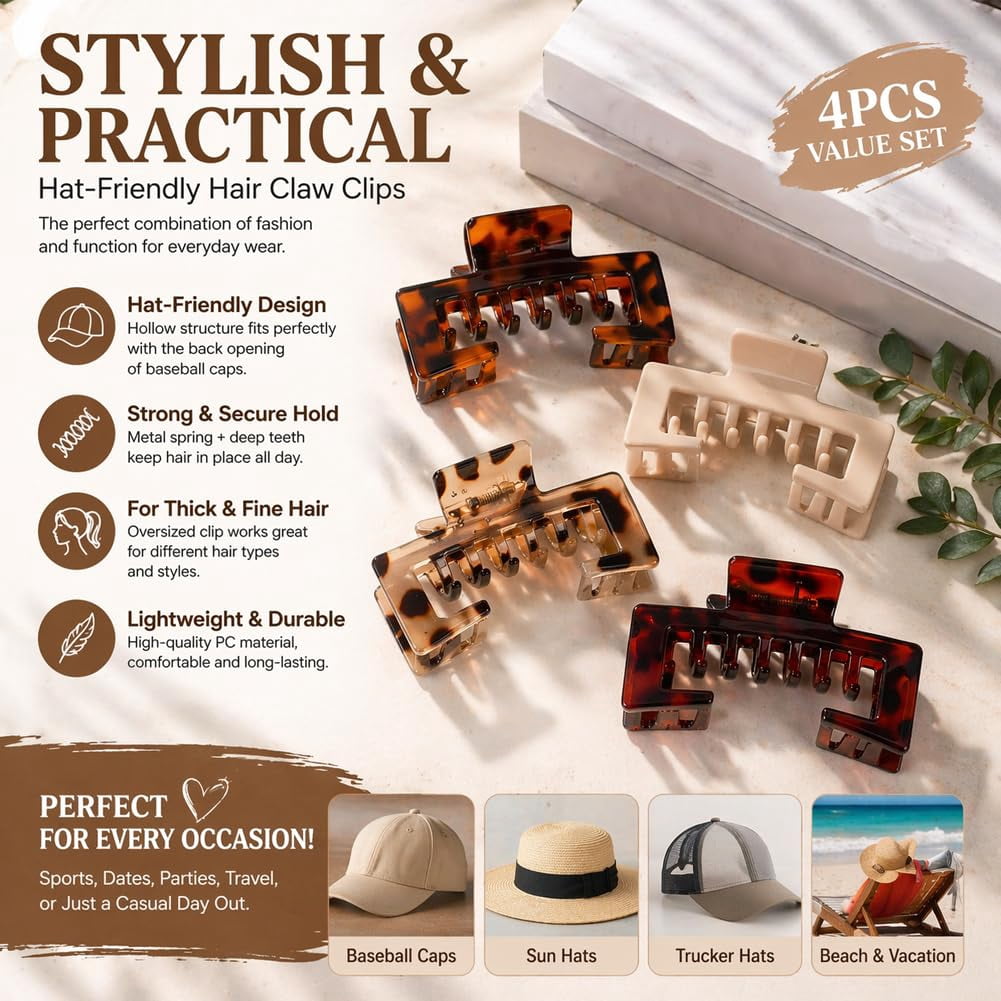 Hat Claw Clip,Baseball Hair Clip for Women, Square Hair Claw Clips, Non-Slip Adjustable Design for Thick & Fine Hair, Hat-Friendly for Baseball Caps