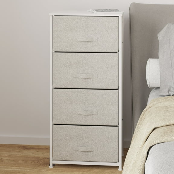 HBCY Creations Vertical Storage Dresser - Wood Top - White Metal Frame - Four Gray Easy Pull Fabric Drawers - Assembles in 10 Minutes or Less