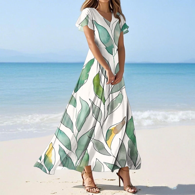 slim fit dress slacks V Neck Ankle Length Short Sleeves Green Wedding Guest Dress, Green / L