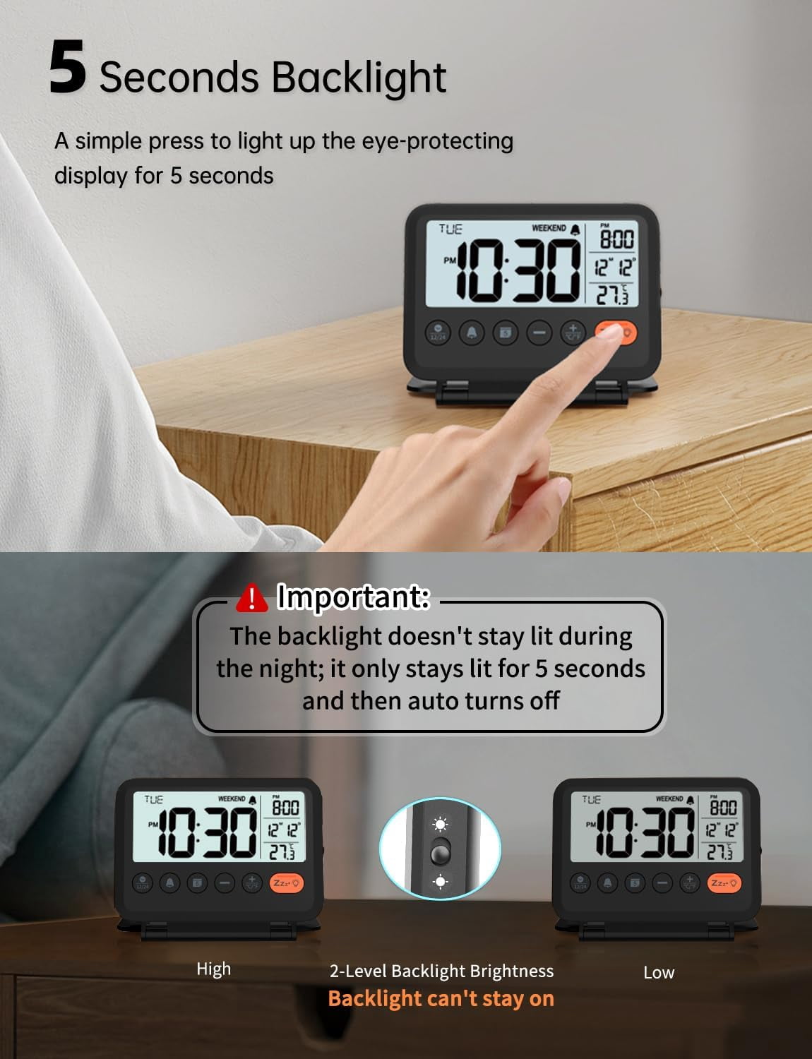 Digital Travel Alarm Clock, Black, 3.54 inch LCD Display, 9-Minute Snooze, 2 Volume Levels, Backlight, Battery Included