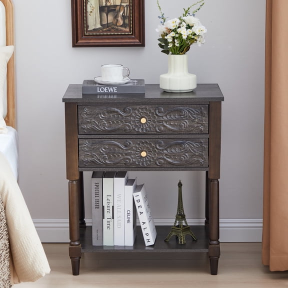 Wirrytor Farmhouse 2 Drawer Dresser Nightstand in Brown, Wooden Walnut Bedside Table with 2 Drawers and Storage Shelf, Embossed Pattern, for Bedroom Dorm Apartment