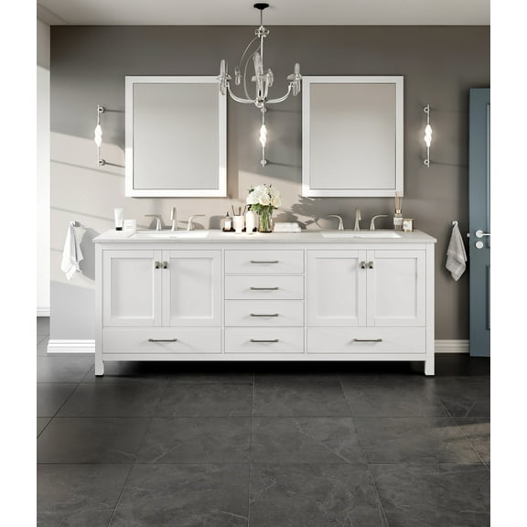 Eviva Aberdeen 84"W x 22"D White Double Sink Bathroom Vanity with White Carrara Quartz Vanity Top and Rectangular Undermount Sinks