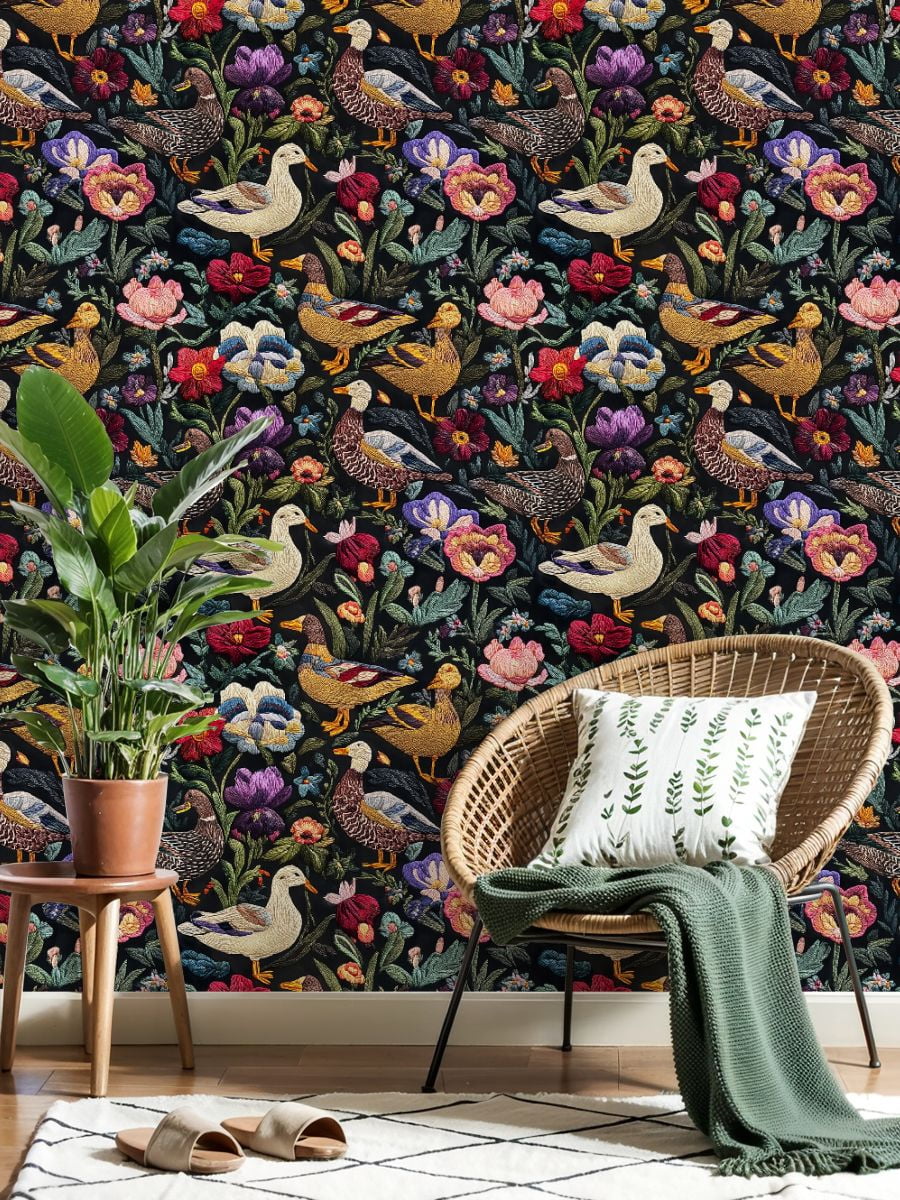 Peel and Stick Wallpaper Colorful Floral Embroidery Ducks Birds Black Wall Mural 23.6in x 9.8ft Self Adhesive Removable Wall Paper Renter Friendly Wallpaper for Nursery Bedroom Cabinets