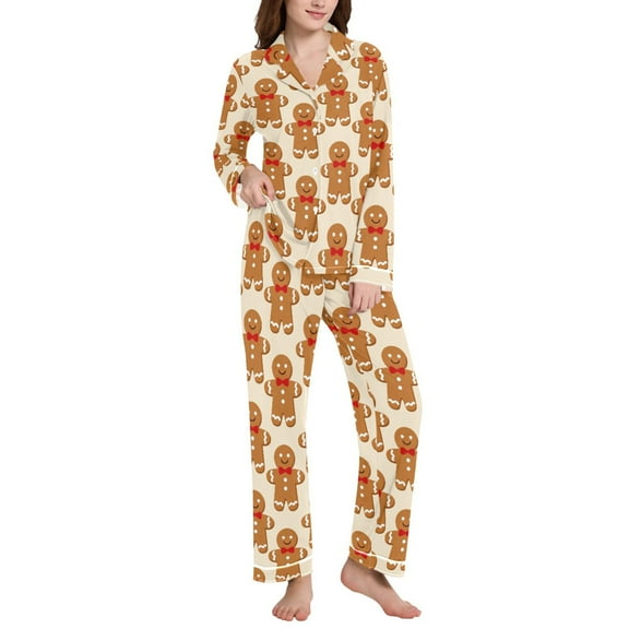 joogoo Pajamas Set for Women Cute Gingerbread Man Long Sleeve Pjs Loungewear L