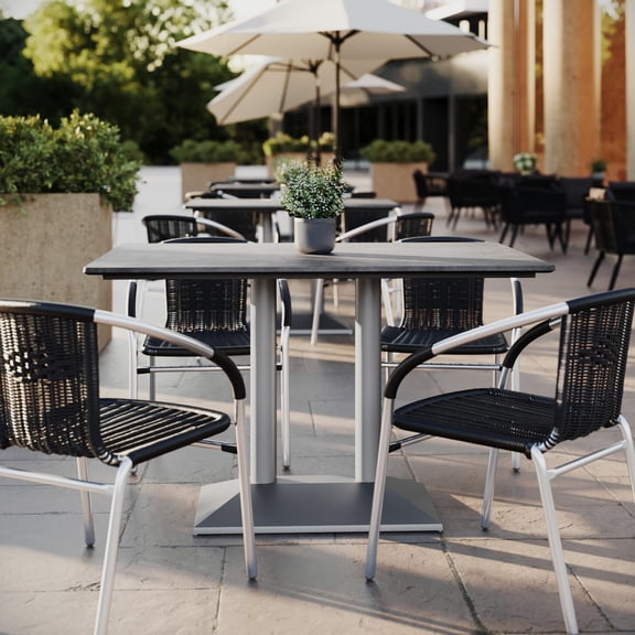 Flash Furniture 48" x 30" Indoor Outdoor Tabletop in Gray Faux Concrete with TopGuard HPL Technology and 27" x 15" Double Columned Silver Table Height Base