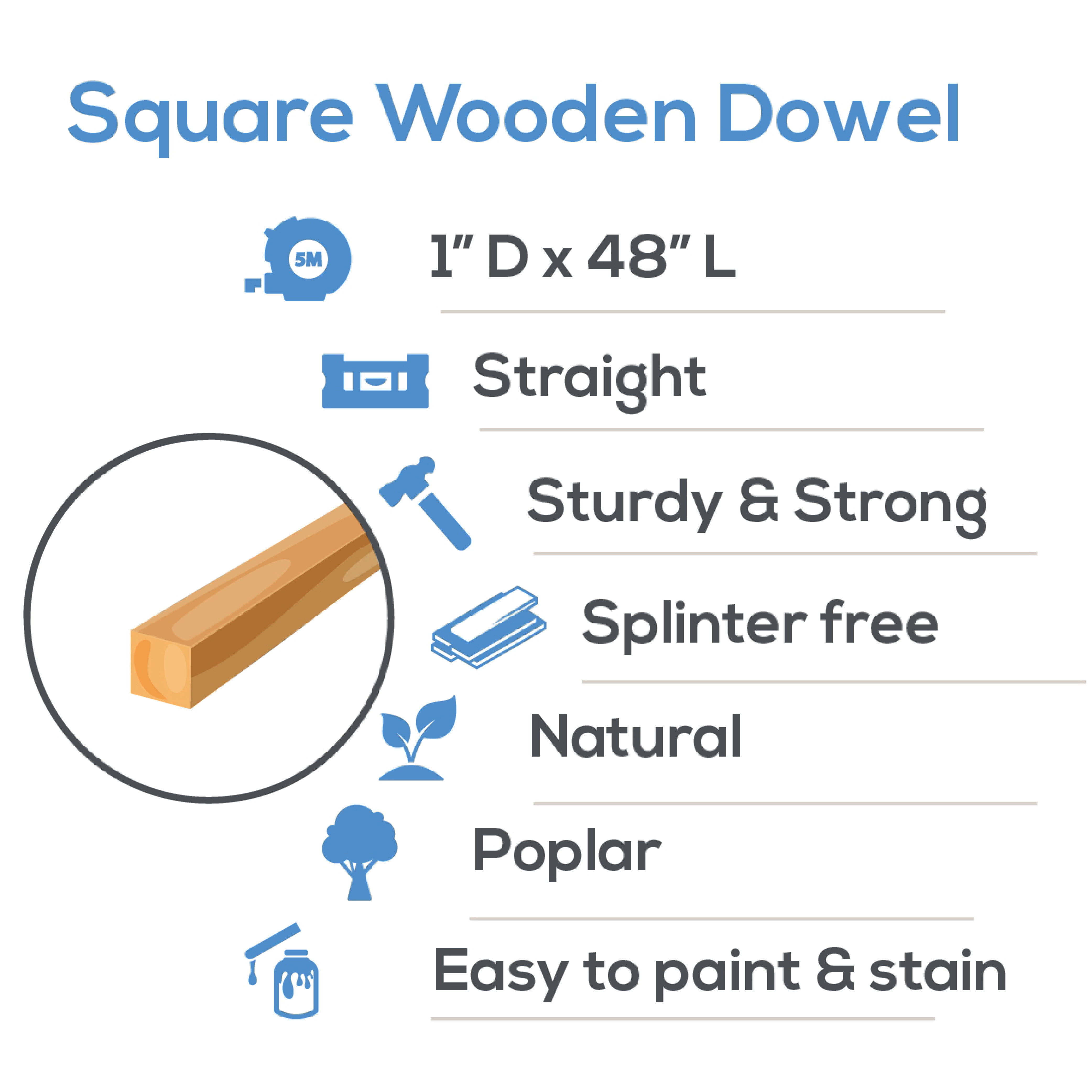 Wood Square Dowel Rods 1 inch x 48 Pack of 5 Wooden Craft Sticks for Crafts and Woodworking by Woodpeckers