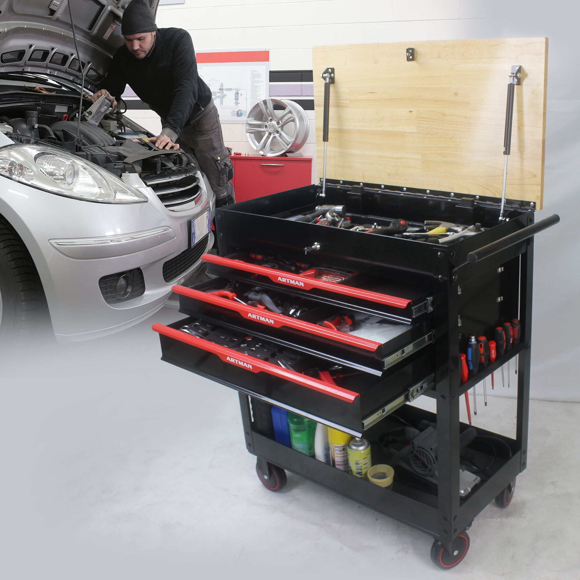 38-Inch Rolling Tool Chest, Tool Box with 3-Drawer, Multifunctional Mobile Tool Cabinet with Wheels and Wooden Top, Drawer Liner, Tool Cart for Workshop Mechanics Garage, Home Improvement