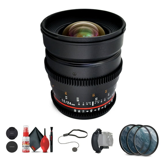 Rokinon 24mm T1.5 Cine ED AS IF UMC Lens for Sony A Mount with 3-Piece Filter Kit, Hand Strap, Full Cleaning Kit, and Cap Keeper – Cine Lens Bundle
