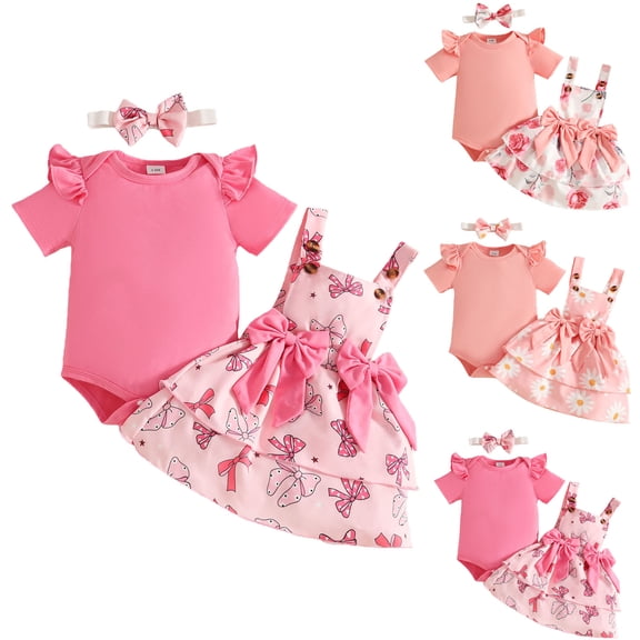 Pandaie 3-18M Newborn Baby Girl Summer Outfit Ruffle Short Sleeve Romper Flower Suspender Skirt Overall Dress Headband Clothes 3Pcs Hot Pink 12M(9-12 Months)