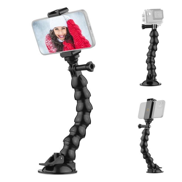 Abody 23cm/ 9.1in Flexible Suction Cup Mount Windshield Suction Cup Phone Mount Rotatable 1/4 Inch Screw Connector with Phone Holder for Smartphone Sports Camera