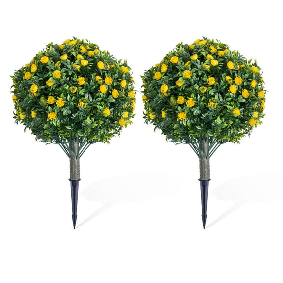 Studyset 23.6" Artificial Topiary Flower with Ground Spike Set of 2,Artificial Topiary Ball Trees with Rose Flowers,Faux Greenery Shrubs,Fake Plants for Garden,Yard,Porch,Patio Valentine's Day Decor