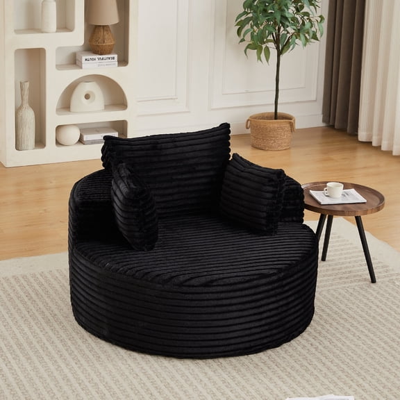 50" Round Chair Lounge Chaise, Oversized Round Lazy Sofa Chair, Fluffy Modern Corduroy Deep Seat Single Upholstered Sleeper Sofas for Living Rom, Bedroom, Lounge, Projection Room, Office, Black