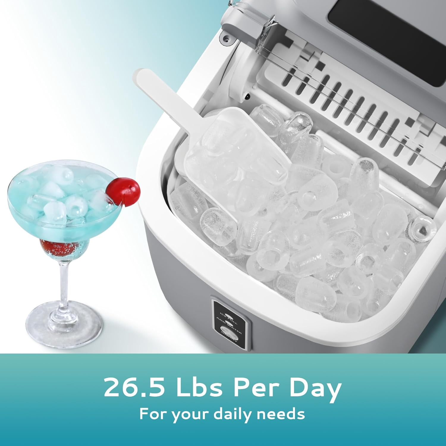 EUHOMY Countertop Ice Maker Machine with Handle, 26.5lbs Per Day, 9 Cubes in 6 Mins, Auto-Cleaning Portable Ice Maker with Basket and Scoop, for Home/Kitchen/Camping/RV (Grey)