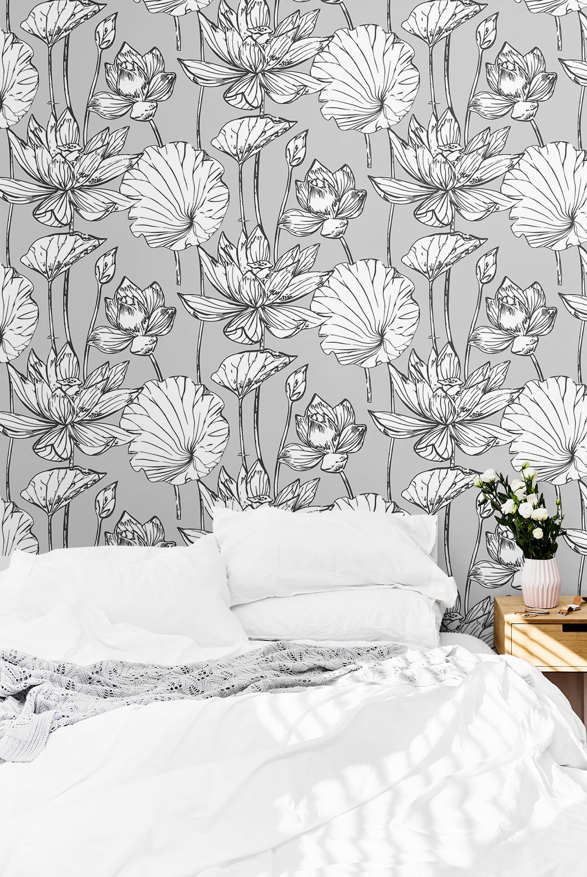 NextWall Gray & Ebony Lotus Floral Peel and Stick Wallpaper