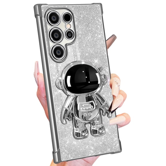 Buleens for Samsung Galaxy S24 Ultra Case Women Girls Cute Astronaut Glitter Girly Sparkly Phone Cover with 6D Astronaut Hidden Stand Kickstand Design Sparkle Bling Cases for S24 Ultra 6.8'' Silver