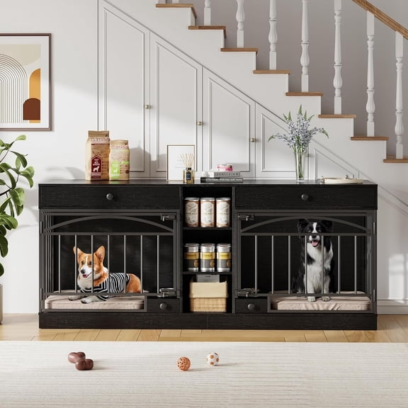 78.7" Double Dog Crate Furniture with Drawers and Shelves, Wooden Dog Kennel TV Stand with Feeding Bowls for Indoor Dogs, Pet Cage Cabinet,Black