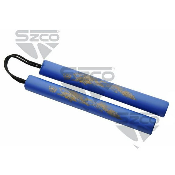 SZCO 10" Blue Foam Nunchucks with Gold Dragon Decal, Lightweight Padded Design with Paracord, Decorative Prop