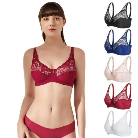 

Women Lace Embroidery Floral Bra Underwire Unlined 3/4 Cups Lace Bralette Non-Padded Plus Size Brassiere