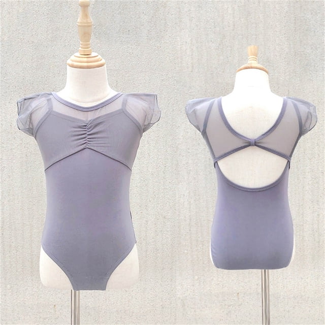 Children's Solid Color Short Sleeved Round Neck Dance Suit Mesh Practice Suit Girls' Jumpsuit