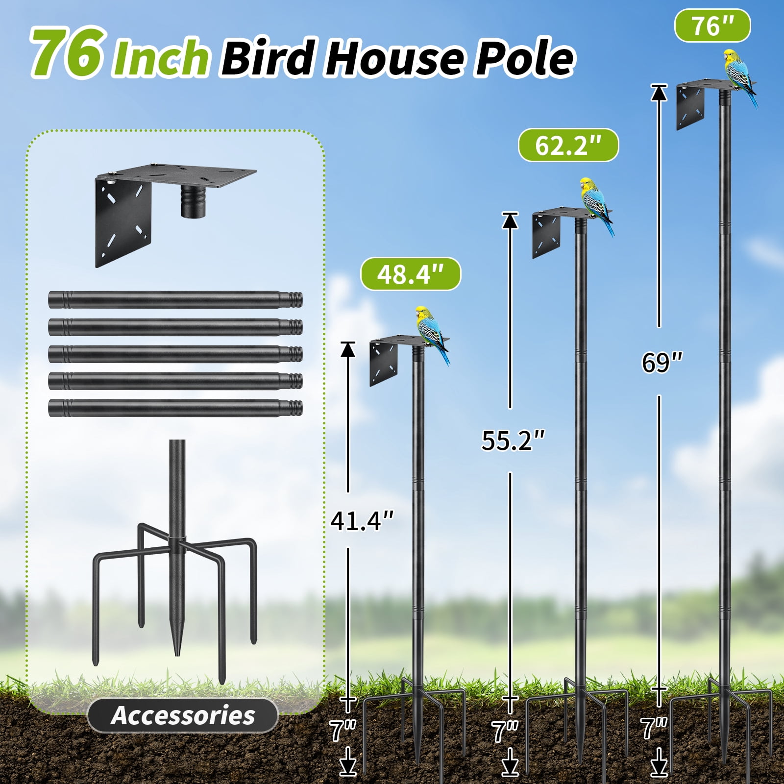 KOLAKO Bird House Pole, 76 inch Adjustable Bird Feeding Station, Heavy Duty Bird Feeders Stand for Outdoors Smart Birdhouse Weather Station Hanging