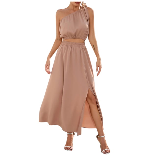Vestido informal de dos piezas con abertura sólida para mujer, conjunto de blusas sin mangas con lazo y hombros caídos, trajes Wmkox8yi bvn3496