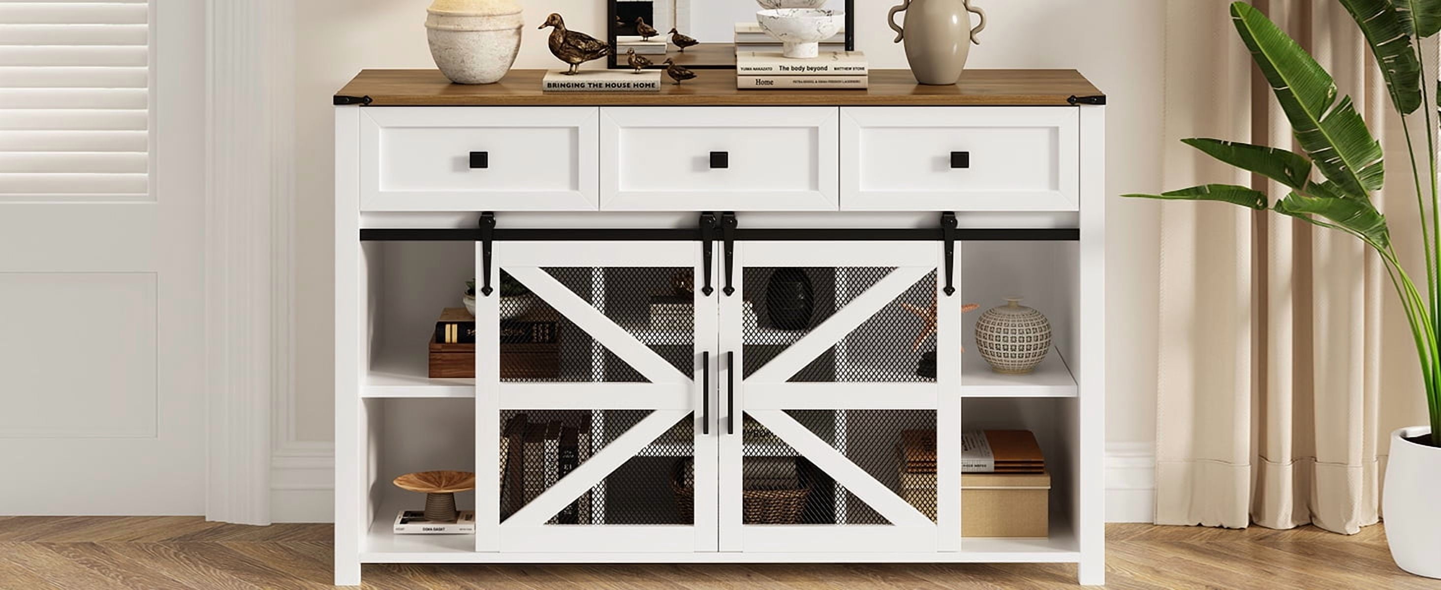 55" Sliding Barn Door Sideboard Buffet Cabinet with 3 Drawers, Adjustable Shelves, Metal Mesh & Particleboard Doors, Aluminum Handles, Industrial Storage for Living or Dining Room