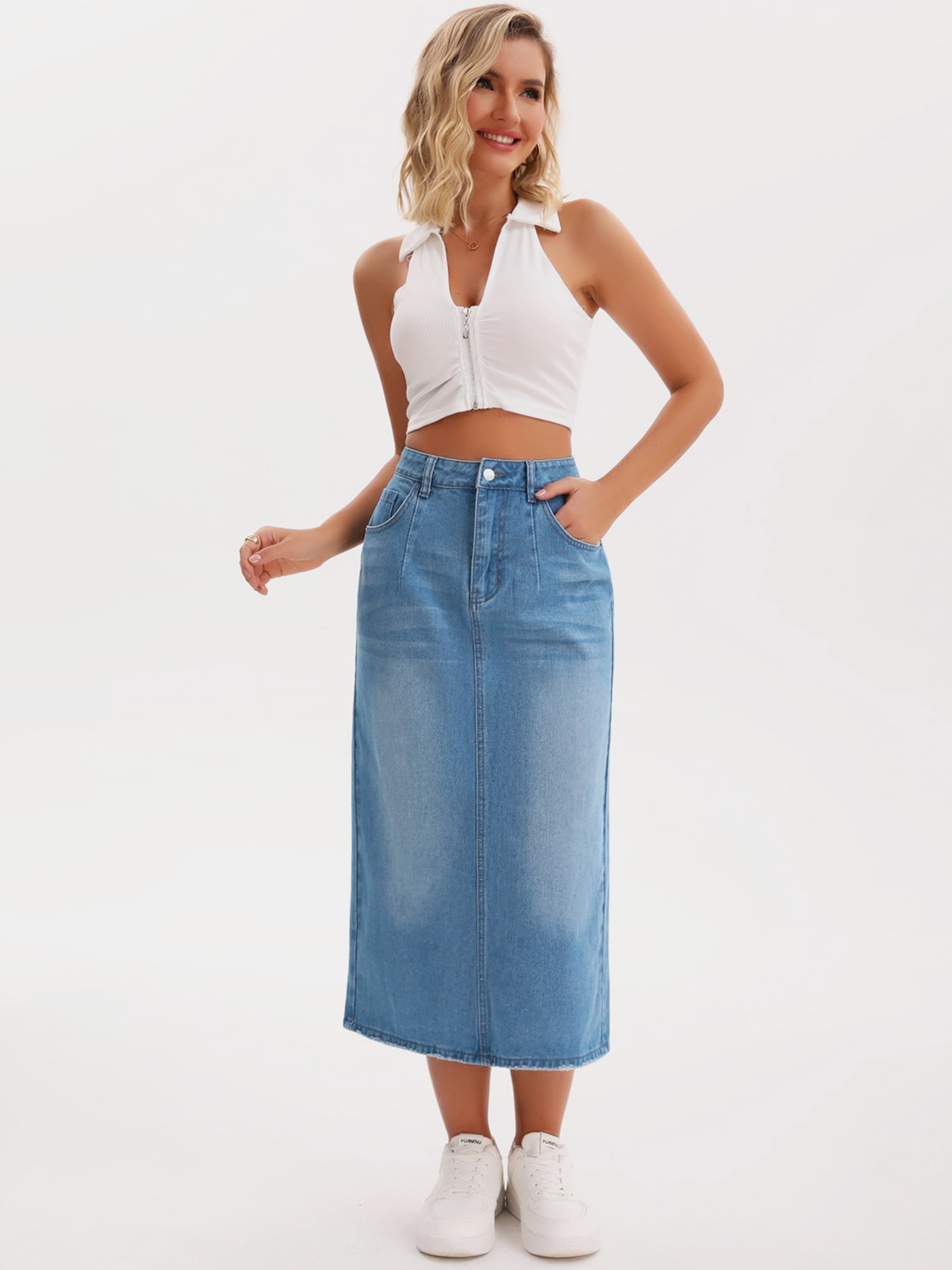 DARING DIVA Women's Denim Split Back Pockets Pencil Midi Jean Skirts Small Light Blue