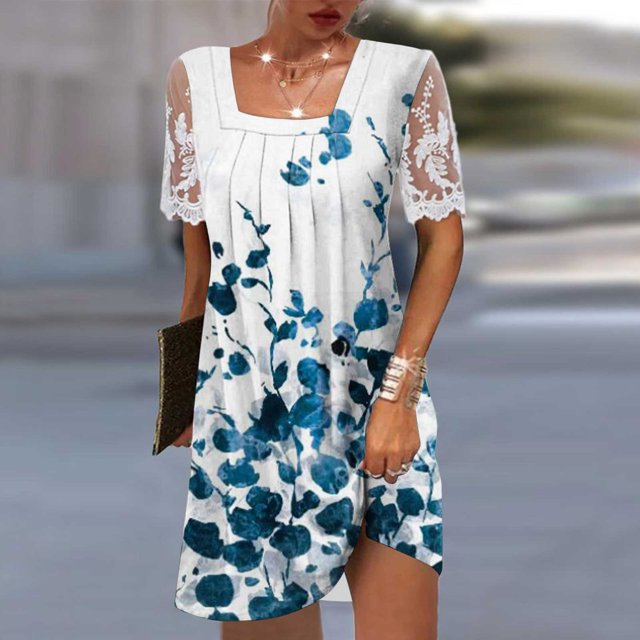 ICHUANYI Clearance Fashion Women's Casual Short Sleeve Lace Square Neck Ladies Pleated Dress Dresses(Blue, S) ICHUANYI WER2023080915575