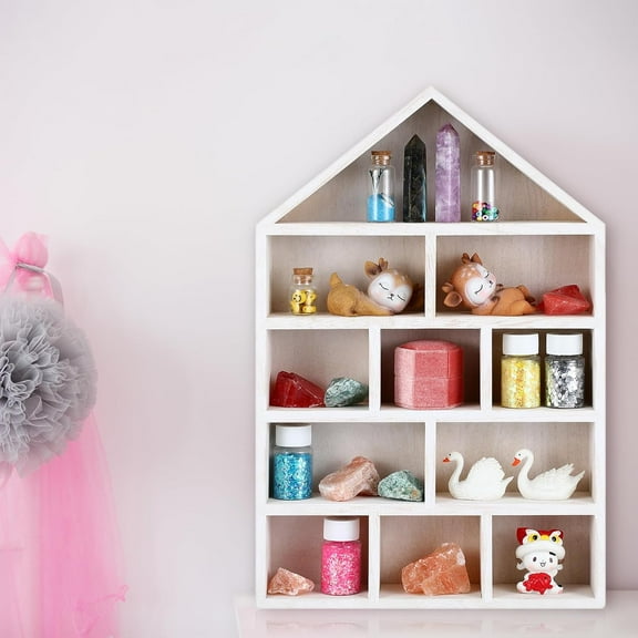 House Shaped Wooden Shadow Cubby Box 10" Wall Mounted Display Shelf Organizer for Figures