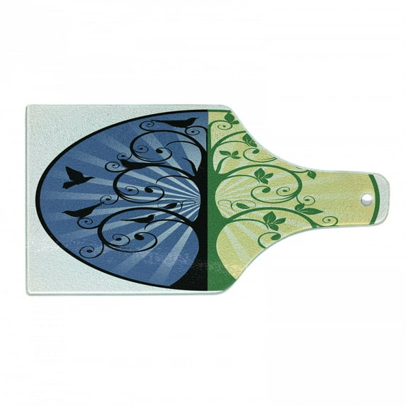 Tree of Life Cutting Board, Yin Yang Life and Death Tree in Different Colors with Bird Silhouettes, Tempered Glass Cutting and Serving Board, Wine Bottle Shape, Green Blue Black, by Ambesonne
