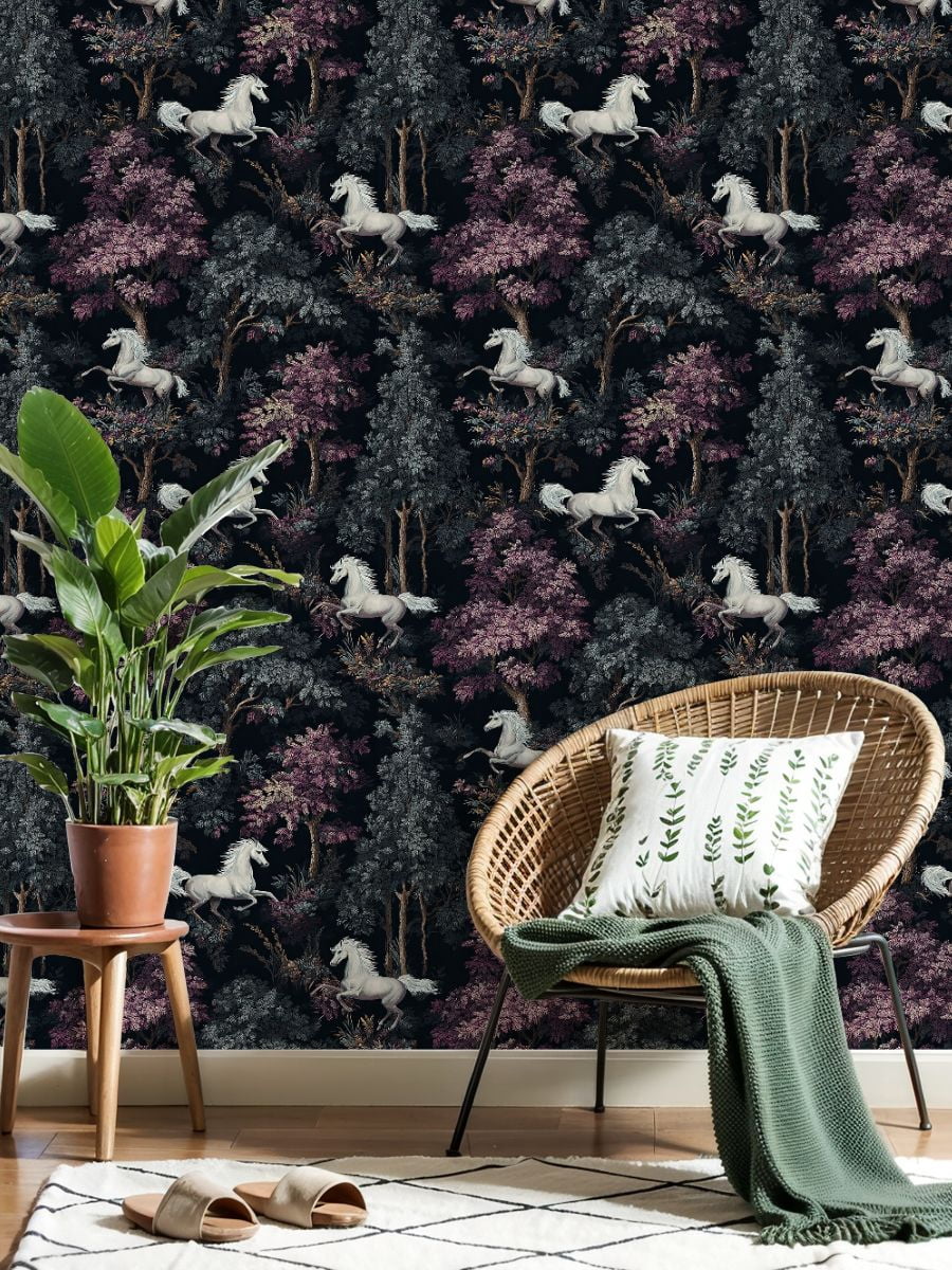 Peel and Stick Wallpaper Whimsical Forest Running Purple Trees Detailed Illustrative Style Wall Mural 23.6in x 9.8ft Self Adhesive Removable Wall Paper Renter Friendly for Nursery Bedroom Cabinets