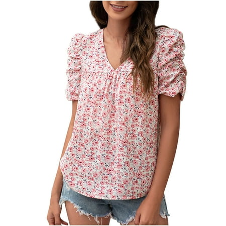 

Puff Sleeve Tops for Women Elegant Floral Print V-Neck Shirts Casual Hipster Short Sleeve Blouses Summer Beach Wear