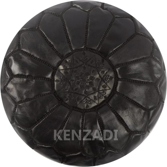 KENZADI Genuine Leather Pouf Stuffed Handmade Stitched in Marrakech by Moroccan Artisans (Dark Brown) (Black by Black)