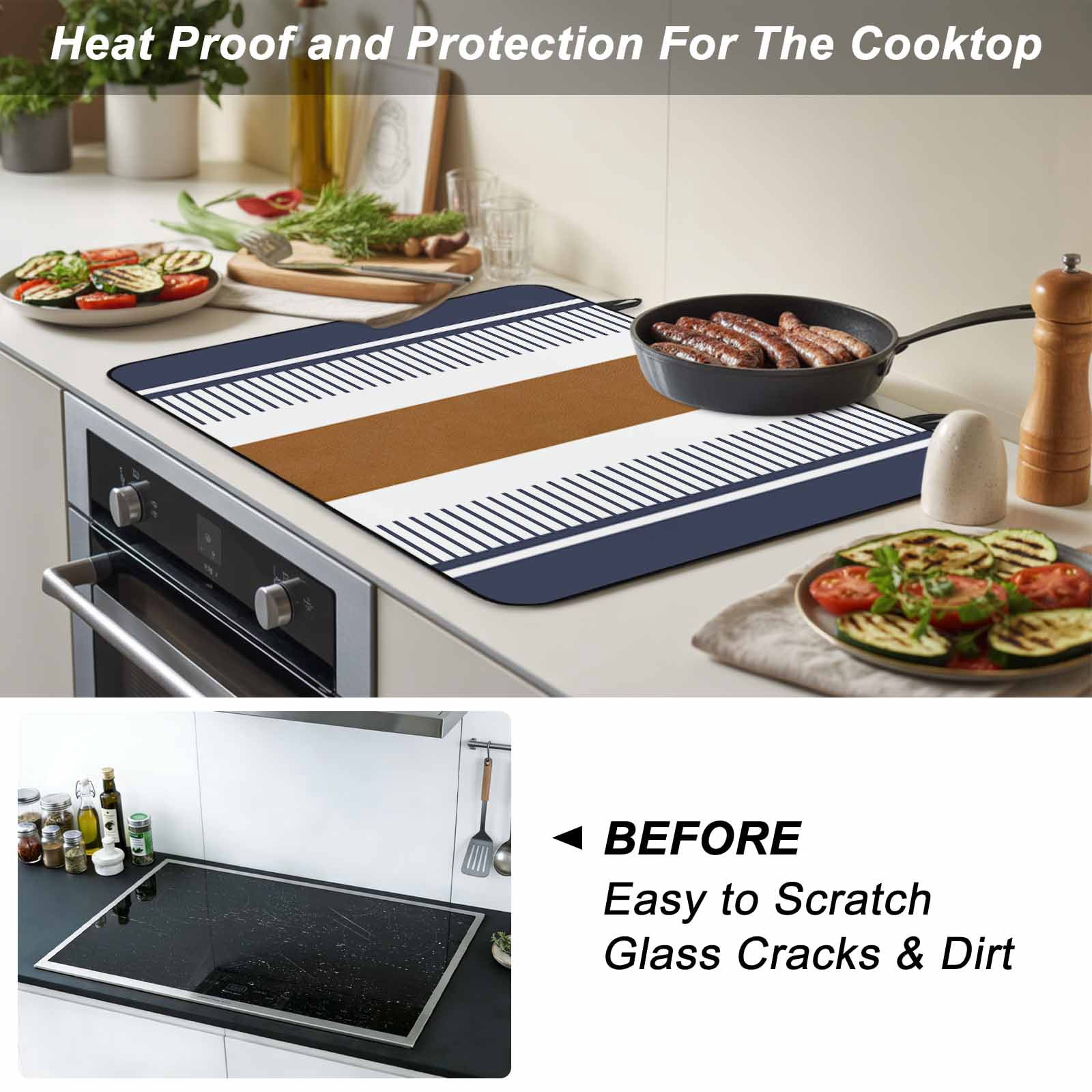 Modern Brown Blue Stove Top Cover for Electric Stove, Heat-proof & Non Slip Glass Top Stove Cover Protector, Boho Contemporary Geometric Striped Kitchen Flat Cooktop Rubber Mat 31x24 Inches